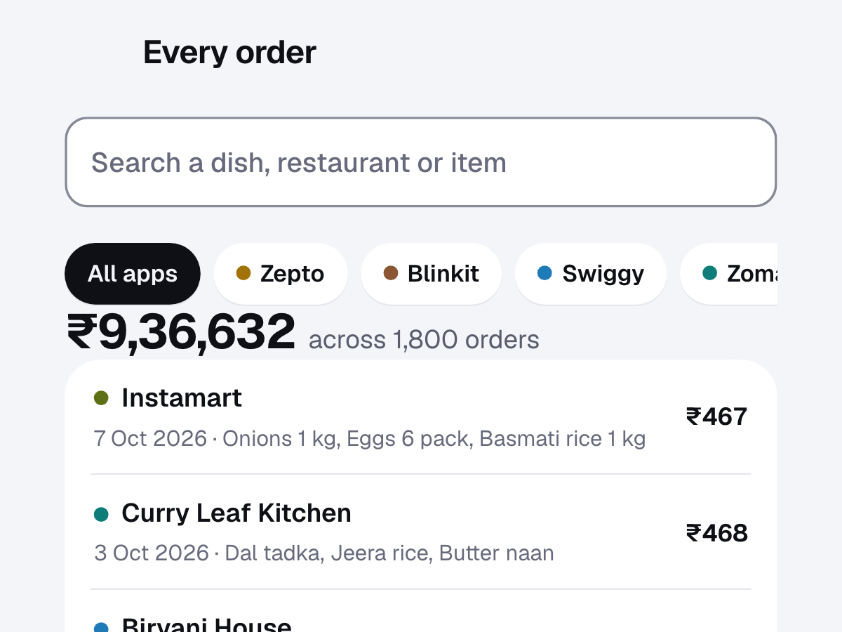 The order search in a sample DineProfile report, with a filter for each app and every order listed newest first